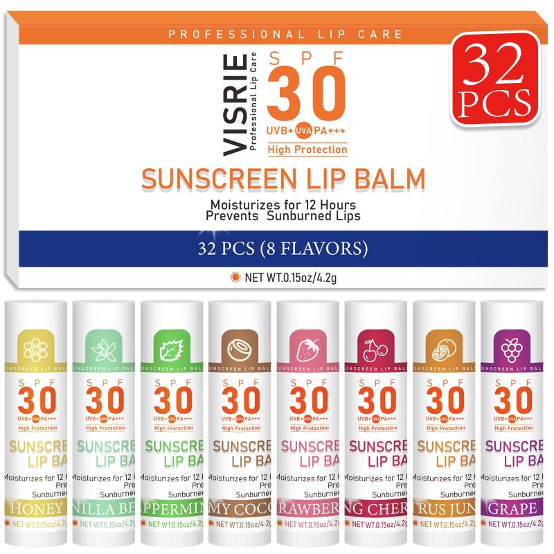 SPF 30 Sunscreen Lip Balm Bulk Travel Size  32 Pack Hydrating with Vitamin E  Coconut Oil  8 Flavors